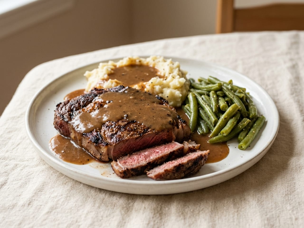 A grilled ribeye steak with three slices cut from it, a scoop of mashed potatoes and a heap of green beans crowded edge to edge on a standard white dinner plate, brown gravy poured over the steak and the potatoes
