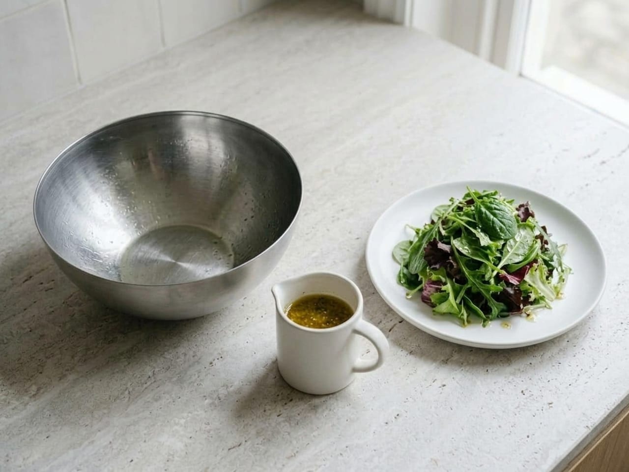 The same counter with the dressed leaves now piled in a loose mound on the white plate, the stainless mixing bowl empty beside it and the small jug still there
