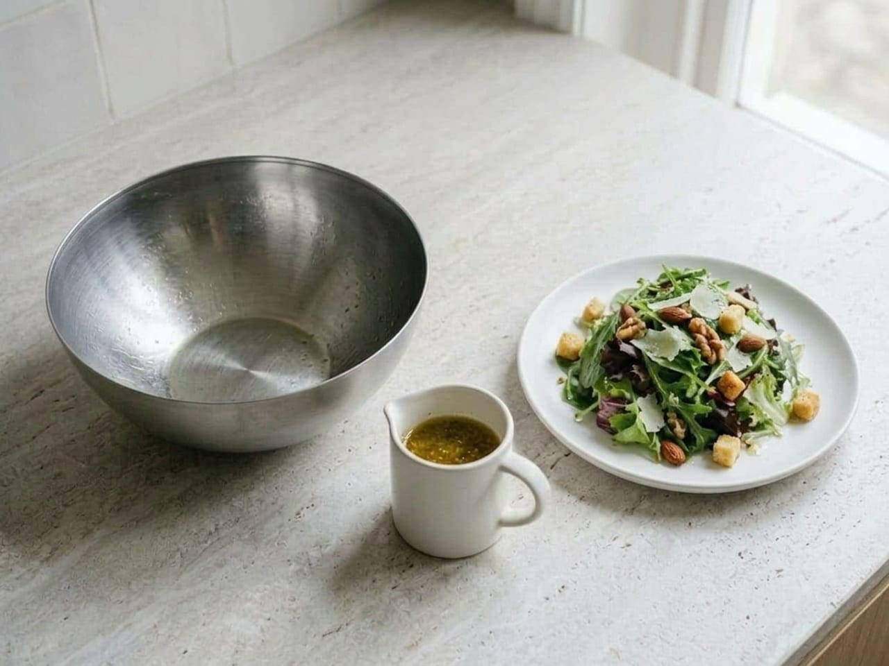 The same pile of dressed leaves on the wide white plate, now topped with shaved hard cheese, toasted nuts and croutons, the rim of the plate clean