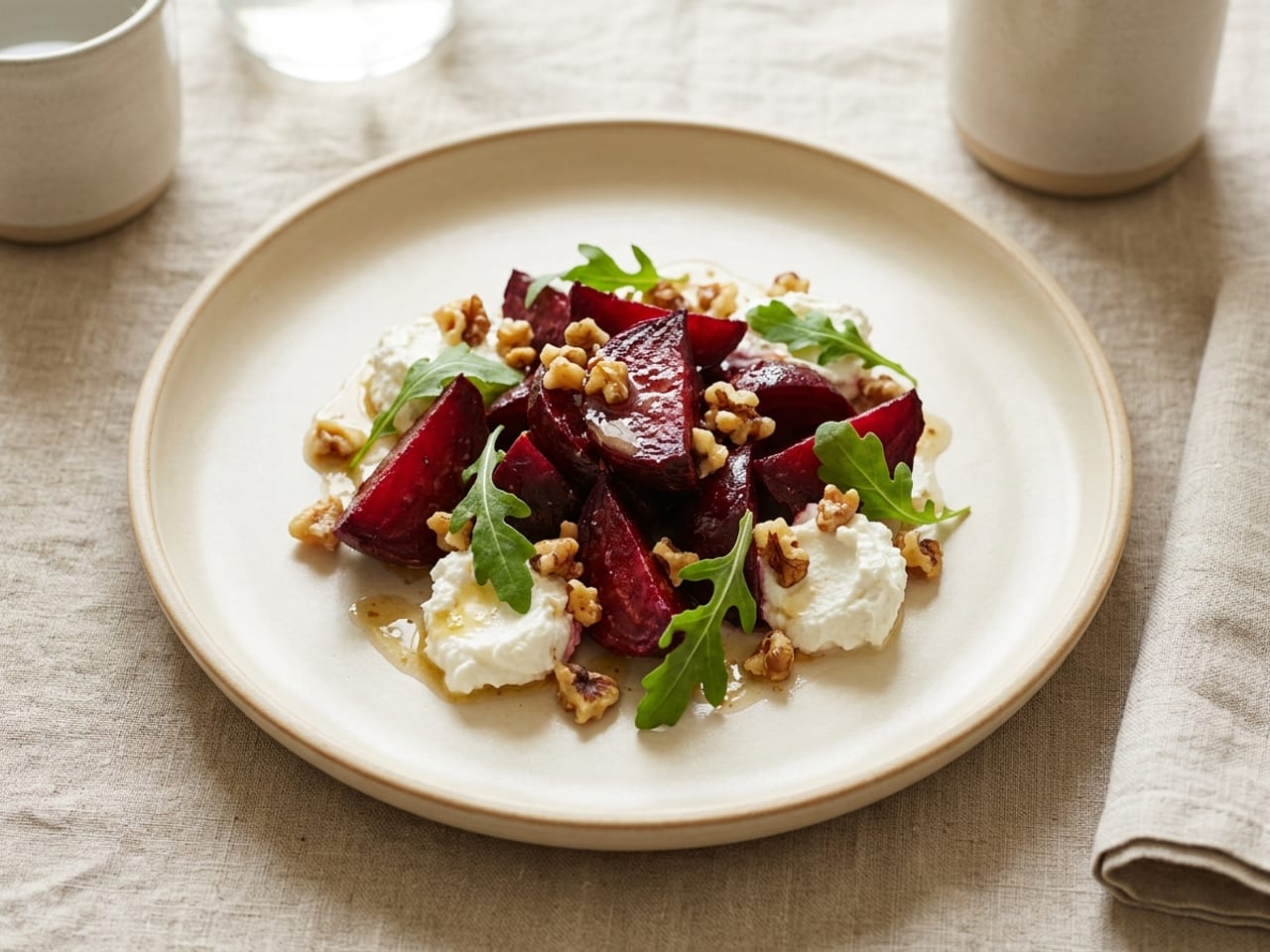 Wedges of red beet piled on a cream plate with spoonfuls of white whipped goat cheese around them, rocket leaves tucked in and walnut pieces scattered over