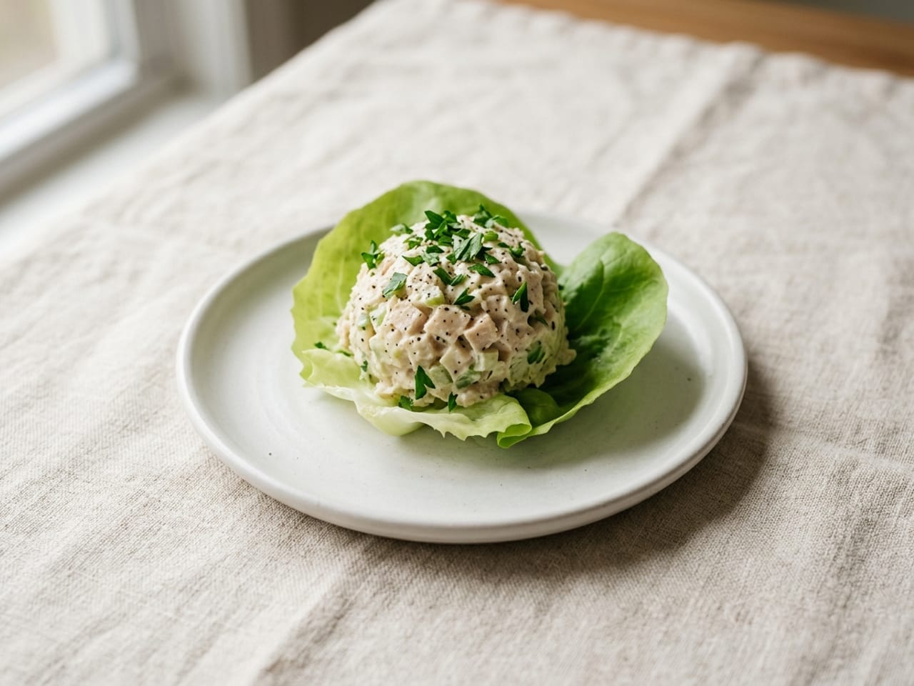 A rounded scoop of chicken salad sitting in a cup-shaped lettuce leaf on a small white plate, a little chopped parsley on top