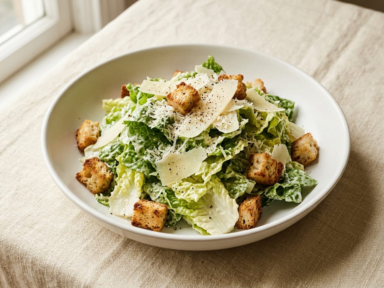 A Caesar salad piled in a wide shallow white bowl: torn romaine coated in creamy dressing, golden cubed croutons through the pile and on top, wide shavings of Parmesan, grated Parmesan and black pepper