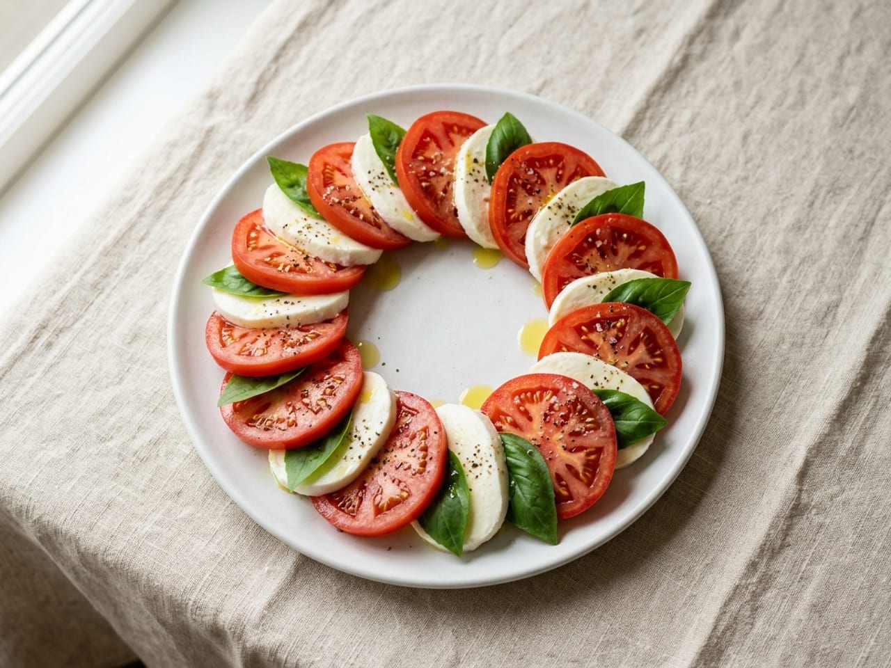 Slices of tomato and fresh mozzarella overlapping in alternating order in a ring on a white platter, basil leaves tucked between them and olive oil drizzled over