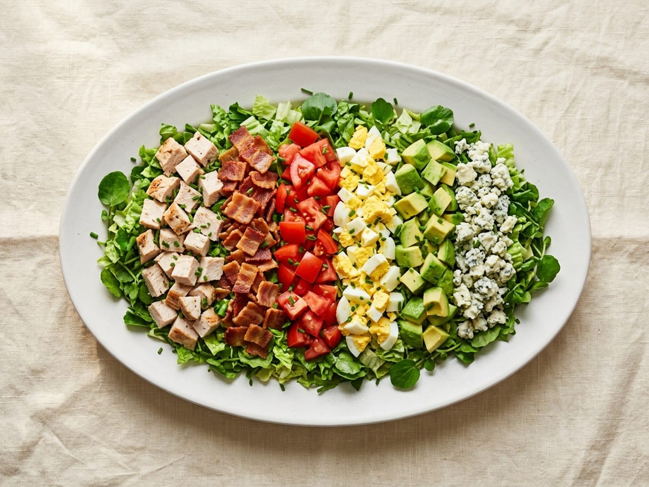 A Cobb salad on an oval white platter: chopped greens underneath, and on top separate rows of diced chicken, chopped bacon, diced tomato, chopped egg, diced avocado and crumbled blue cheese