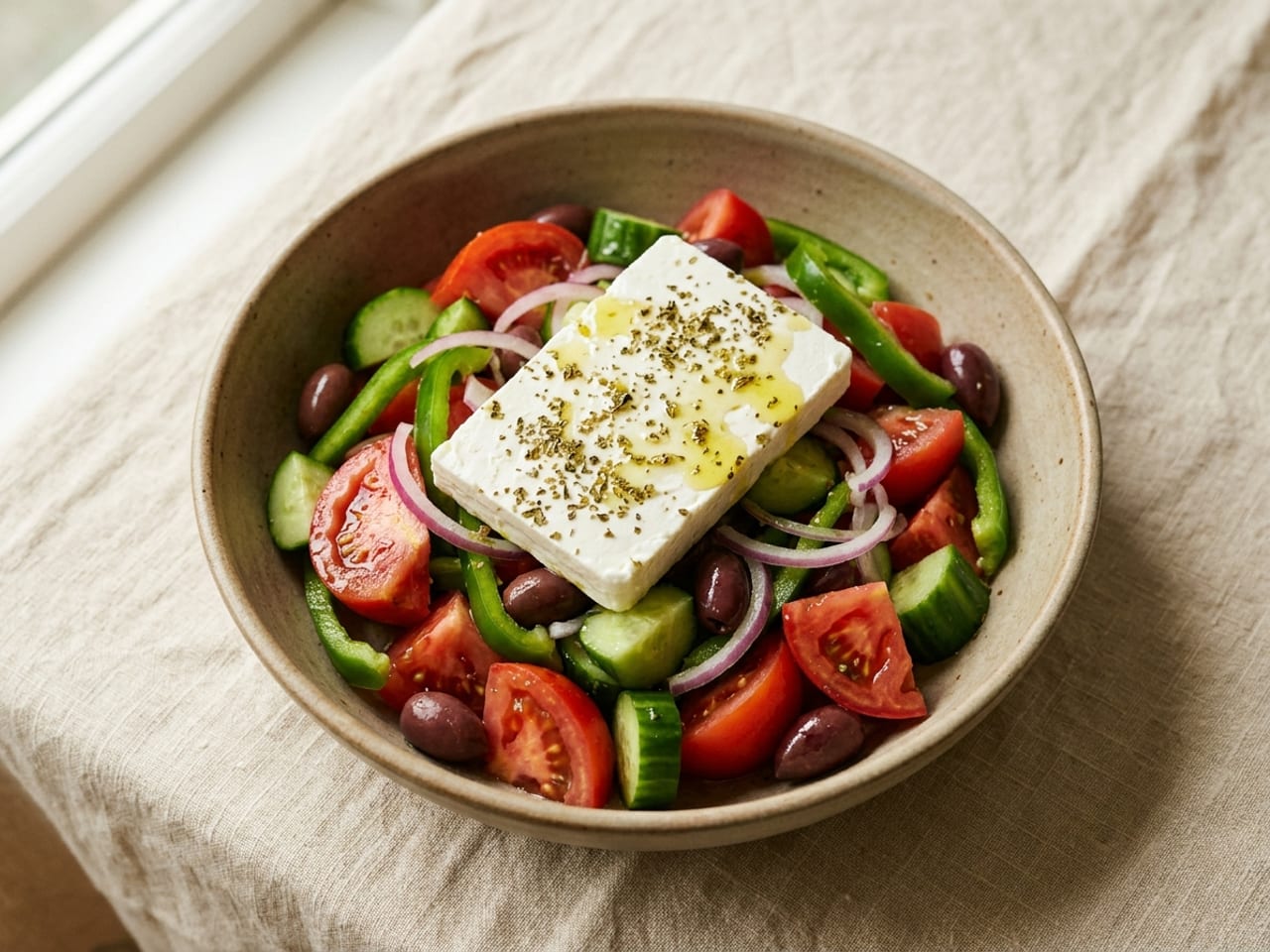 A Greek salad in a shallow bowl: large chunks of tomato, cucumber, green pepper and red onion rings with black olives, a thick slab of feta laid on top, dried oregano and olive oil over the cheese