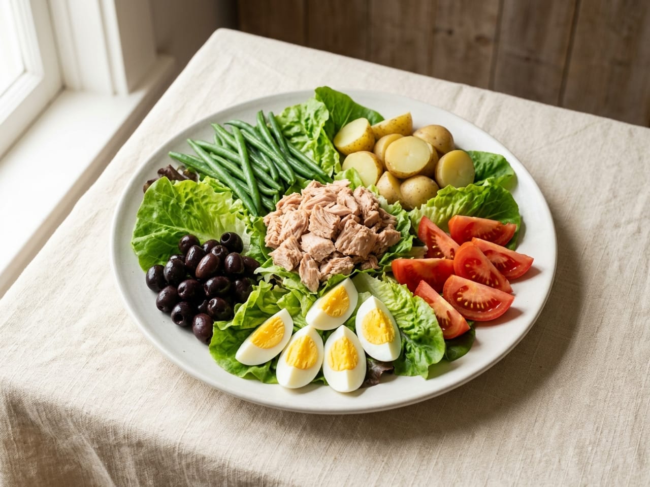 A composed salade niçoise on a large white platter, American style: a bed of lettuce with a mound of tuna in the centre and separate clusters of green beans, halved small potatoes, tomato wedges, halved eggs and black olives around it