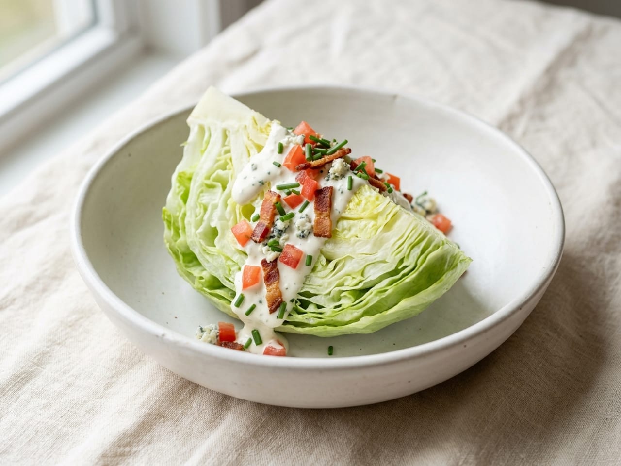 A wedge of iceberg lettuce resting on its rounded outer side in a shallow white bowl, cut faces up, blue cheese dressing running down them, diced tomato, bacon pieces, crumbled blue cheese and chives on top