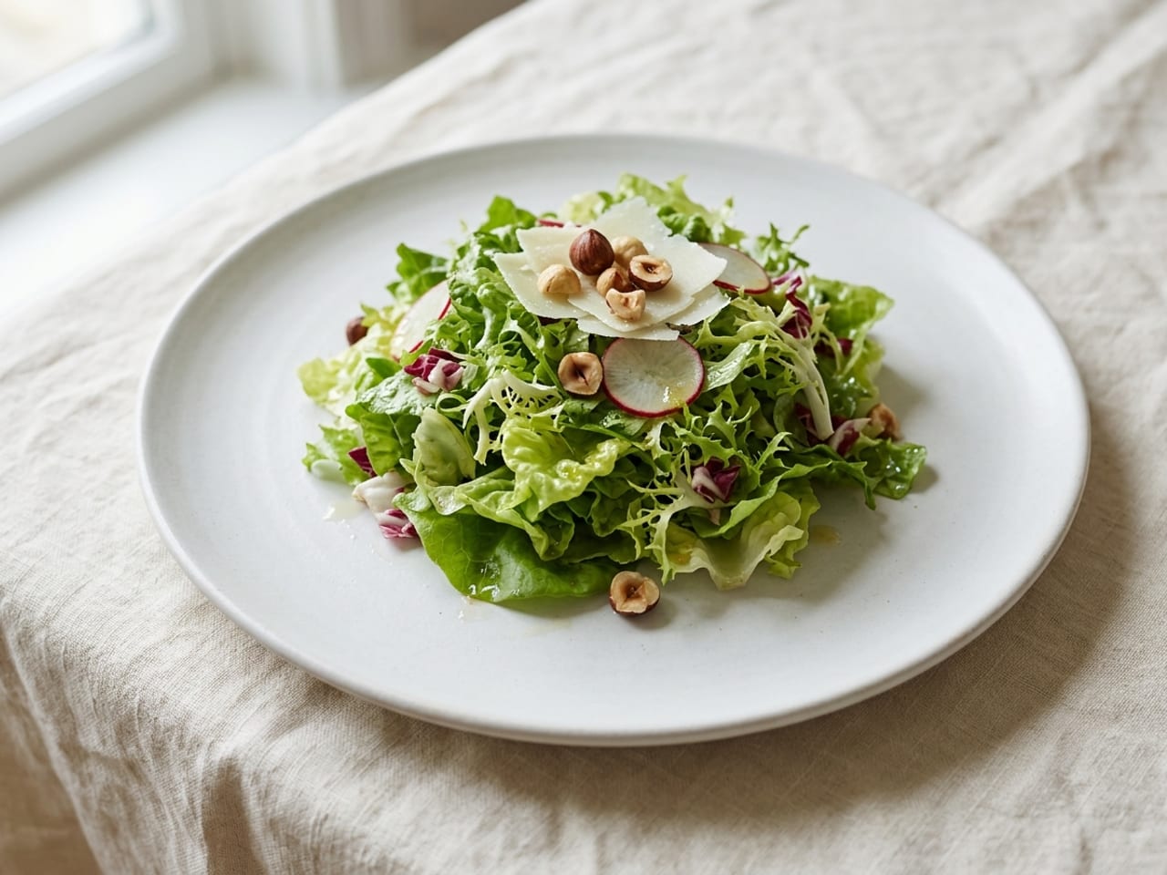A green salad of mixed leaves piled high in the middle of a wide white plate, shaved hard cheese, toasted nuts and thin radish slices on top of the pile, the rim of the plate clean