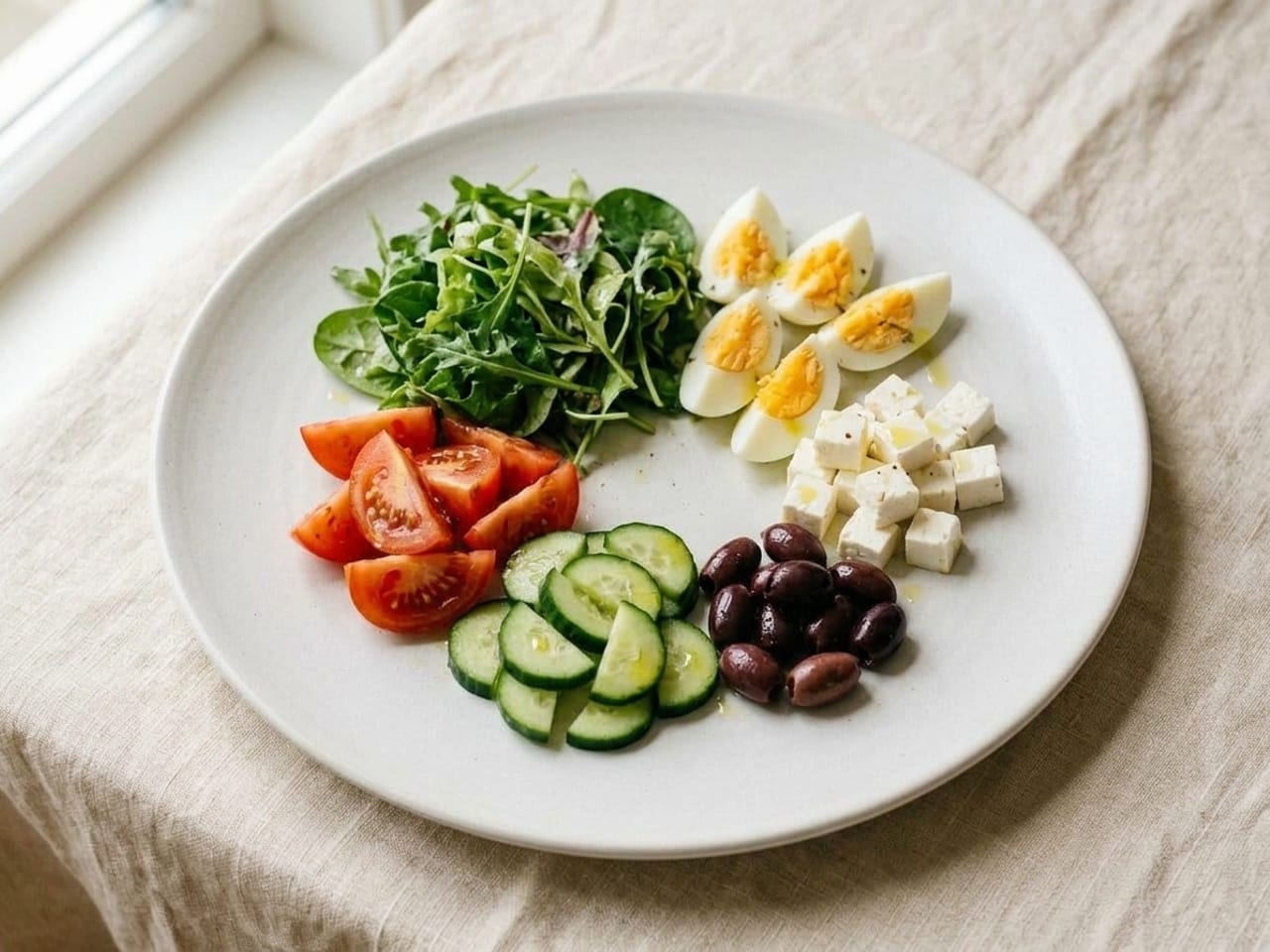 The same ingredients arranged in separate heaps on the same white plate: a heap of leaves, tomato wedges, cucumber slices, egg quarters, black olives and white cheese, none of them mixed
