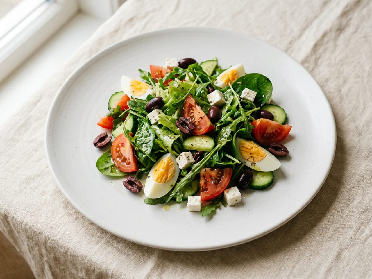 Salad leaves, tomato wedges, cucumber slices, quartered boiled egg, black olives and cubes of white cheese tossed together in one pile in the middle of a white plate