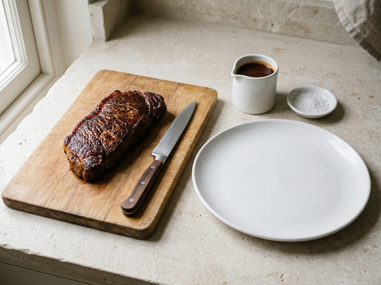 A whole seared boneless strip steak with a dark brown crust resting on a wooden cutting board with a carving knife beside it; to the right an empty wide white plate, behind it a small white jug of brown sauce and a small dish of flaky salt