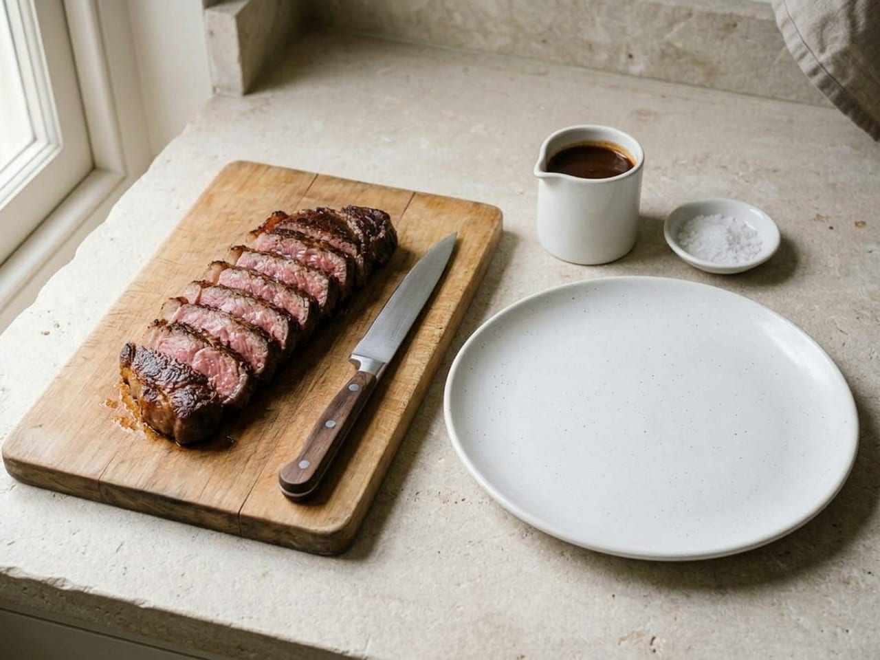The same strip steak on the same board, now cut across its width into even slices that still sit together in the shape of the steak, the cut faces pink inside a dark crust, the knife beside it and the white plate still empty