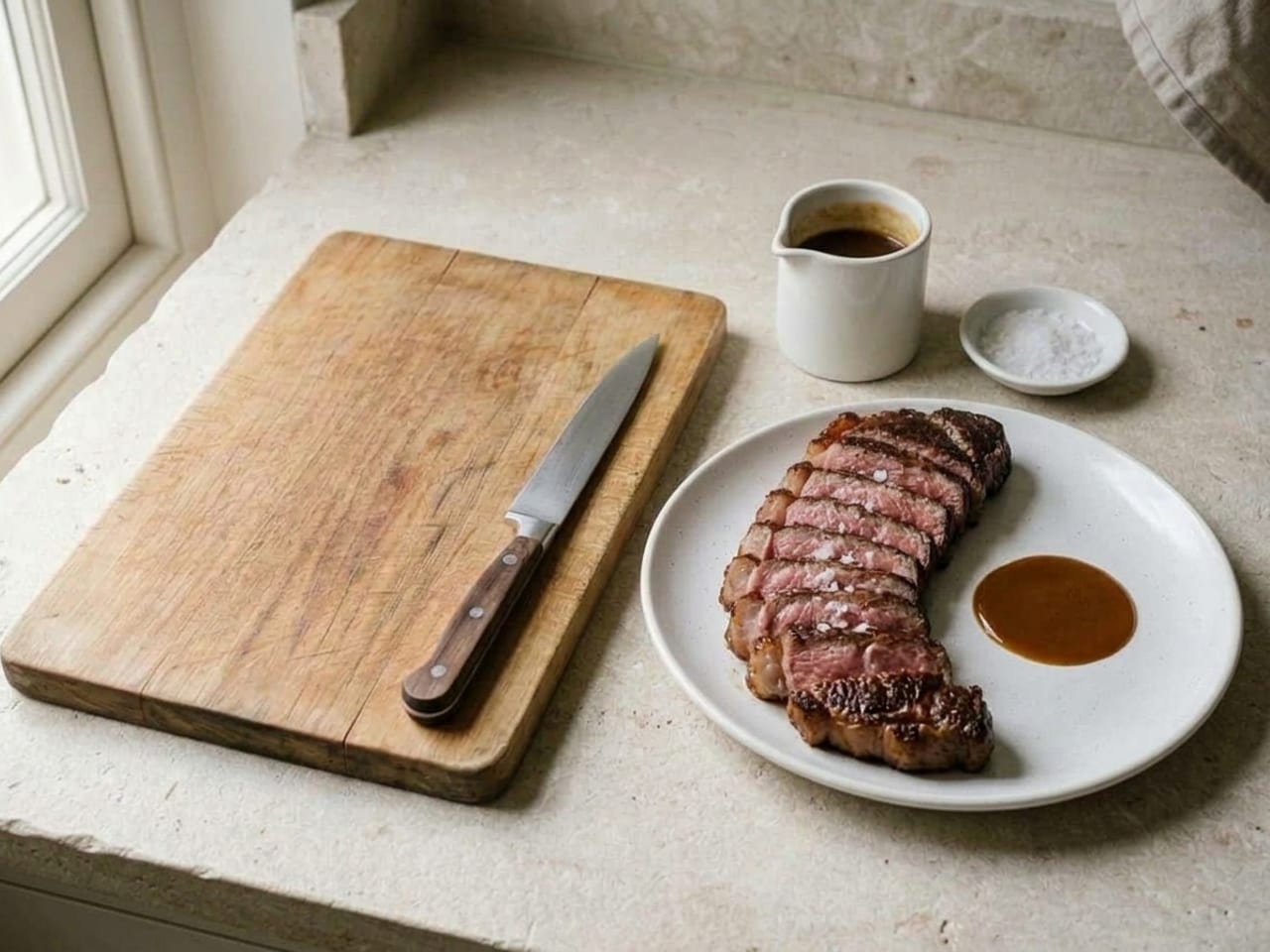 The same scene with the slices of steak now fanned in an overlapping arc on the white plate, pink cut faces up and sprinkled with flaky salt, a spoonful of glossy brown sauce pooled beside them, the board empty except for the knife