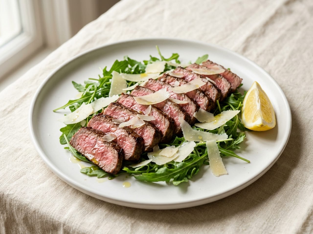Thin slices of medium-rare steak laid in an overlapping row over a bed of rocket leaves on a white plate, shavings of Parmesan scattered over the top and a lemon wedge at the side