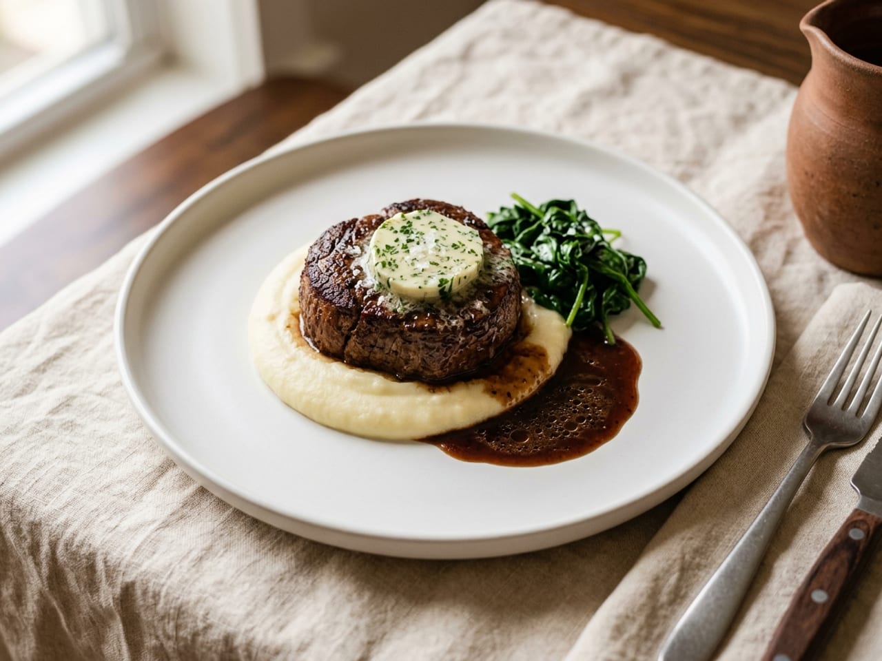 A thick, round filet mignon served whole in the centre of a white plate on a low bed of smooth potato purée, a small round of herb butter melting on top, wilted spinach at the side and a little dark sauce spooned beside it