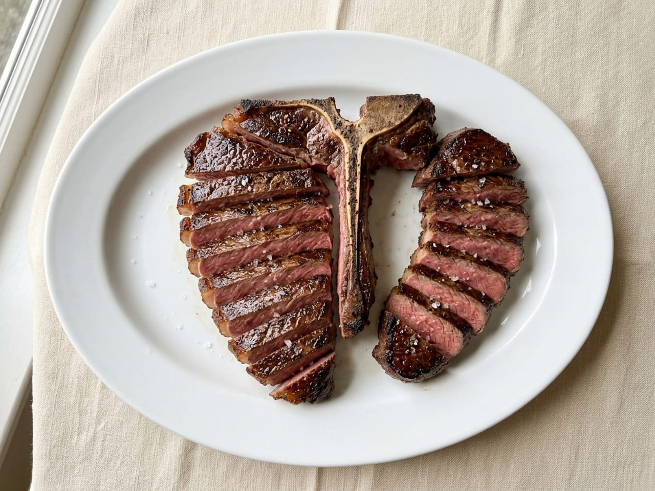 A porterhouse steak carved and put back together on a white oval platter: the T-shaped bone in the middle, the large strip side sliced and fanned along one side of it and the smaller tenderloin sliced on the other, the cut faces pink