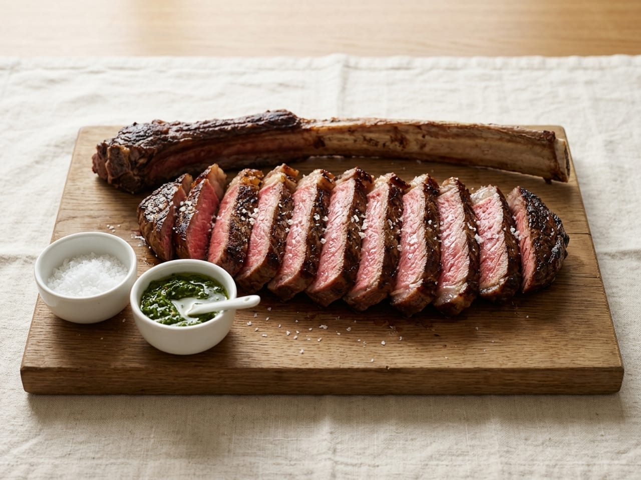 A tomahawk steak carved on a large wooden board: the long rib bone laid along the back, thick slices of the ribeye fanned in front of it with pink cut faces, a small bowl of flaky salt and a small bowl of green herb sauce on the board