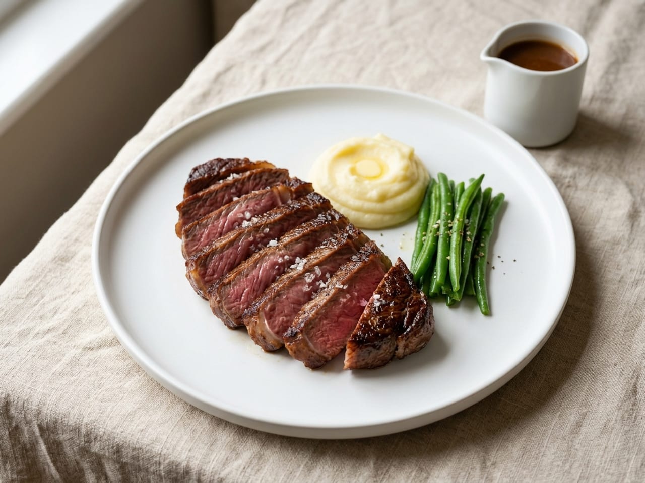 A seared ribeye steak cut into thick slices and fanned across a wide white plate with the pink cut faces up and flaky salt on them, a small mound of mashed potato and a small bundle of green beans beside it, and a small white jug of brown sauce behind the plate