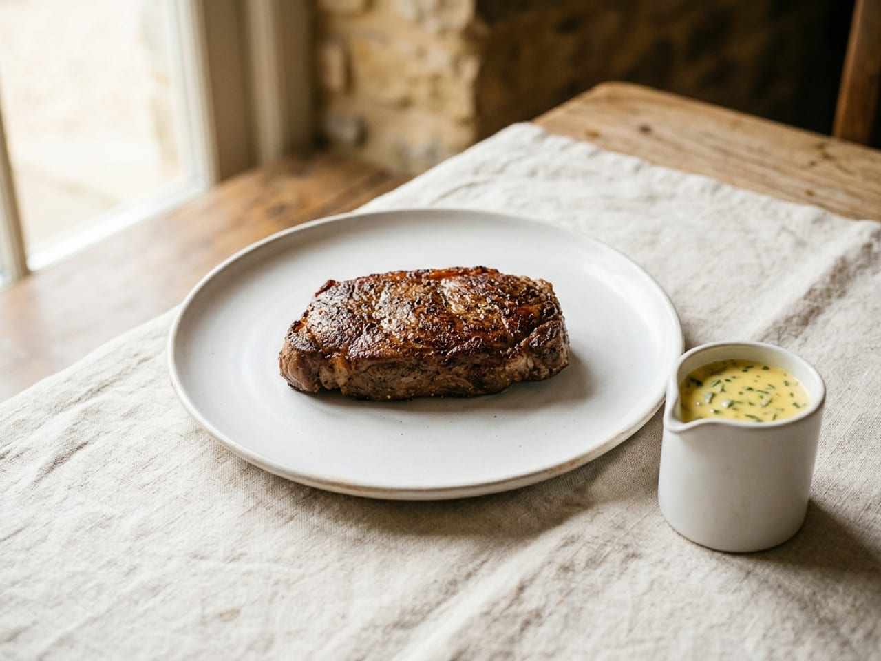 A whole seared steak with a dry, dark crust on a white plate and a small white jug of pale yellow béarnaise sauce flecked with green herbs standing beside it