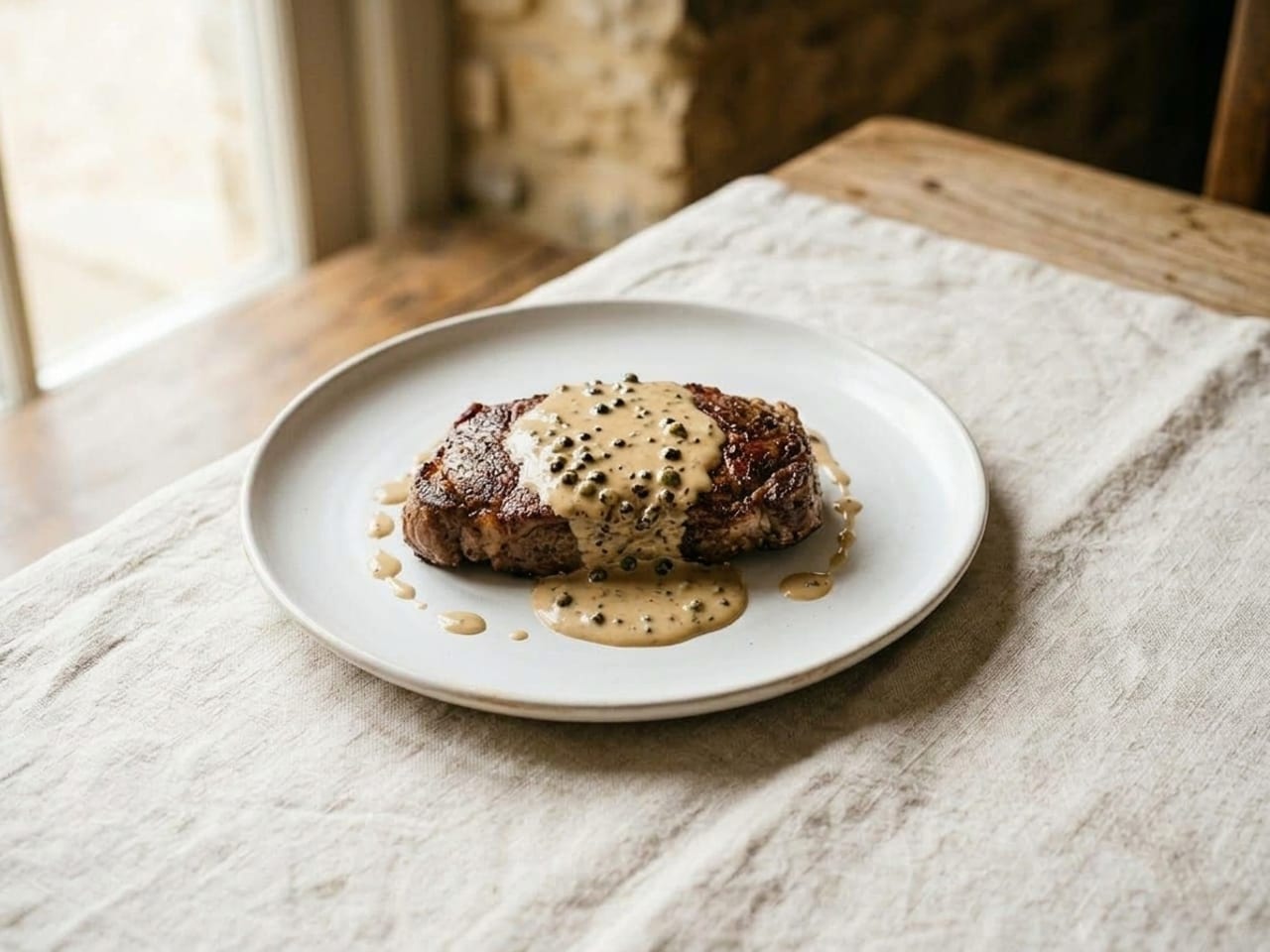 The same steak on the same plate with a creamy, pale brown peppercorn sauce poured over its middle and pooling on the plate around it, cracked peppercorns visible in the sauce
