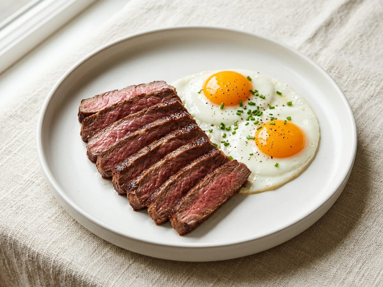Slices of seared steak fanned on one side of a white plate and fried eggs with whole, bright yolks beside them, a few chopped chives on the eggs