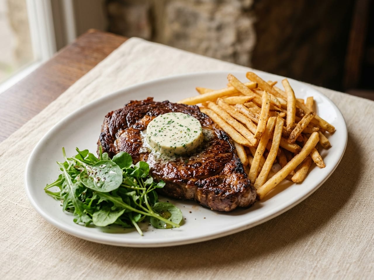 A whole seared steak with a round of green-flecked herb butter melting on top, beside a loose pile of thin golden fries on an oval white plate, a small leafy green salad at one end