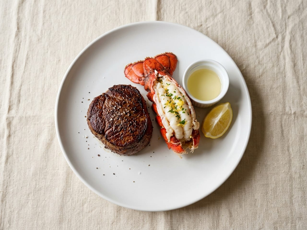 A whole filet mignon and a split lobster tail side by side on a wide white plate, a small white pot of melted butter and a lemon wedge next to them