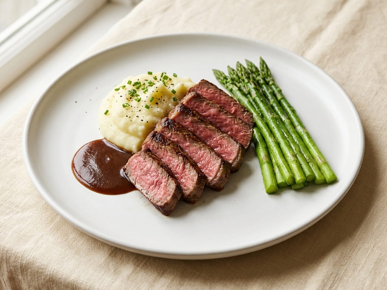 Slices of medium-rare steak fanned against a mound of mashed potato on a wide white plate, a row of green asparagus spears lying parallel beside them with their tips pointing the same way, and a little brown sauce next to the steak