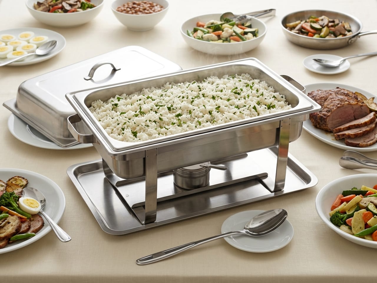 A rectangular stainless steel chafing dish with other dishes of food standing around it, its food pan full of white rice with herbs, its lid lifted off and resting right way up on a plate beside it, the frame standing on a flat metal tray, a closed fuel can under the pan with no flame, and a serving spoon on a saucer in front