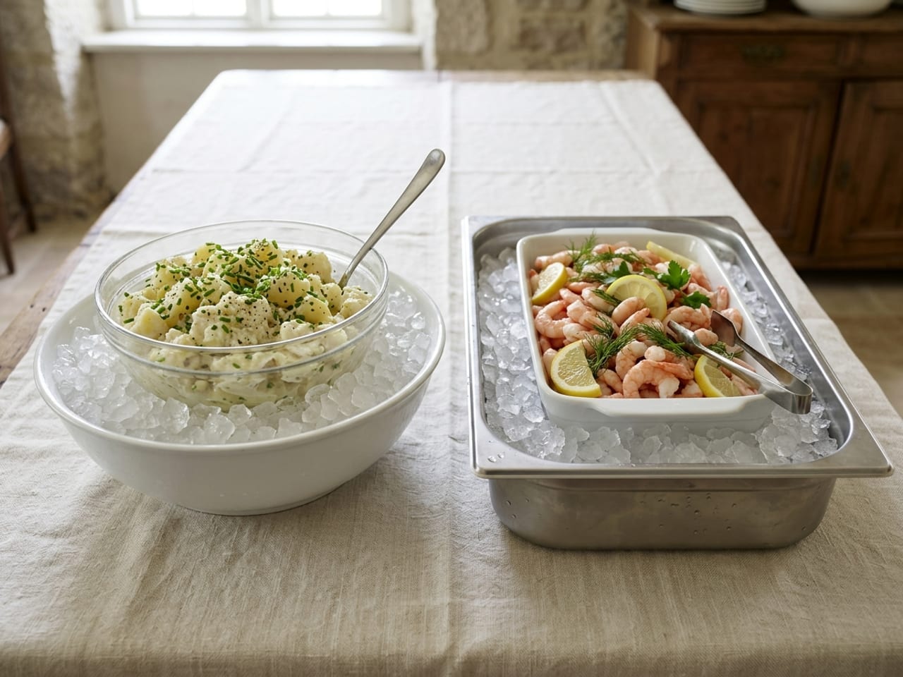 Cold buffet dishes kept on ice on one table: a glass bowl of potato salad with chives, a spoon in it, nested in a larger white bowl of crushed ice, and beside it a white dish of cooked peeled shrimp with lemon, tongs on the dish, set in a deep metal pan of crushed ice