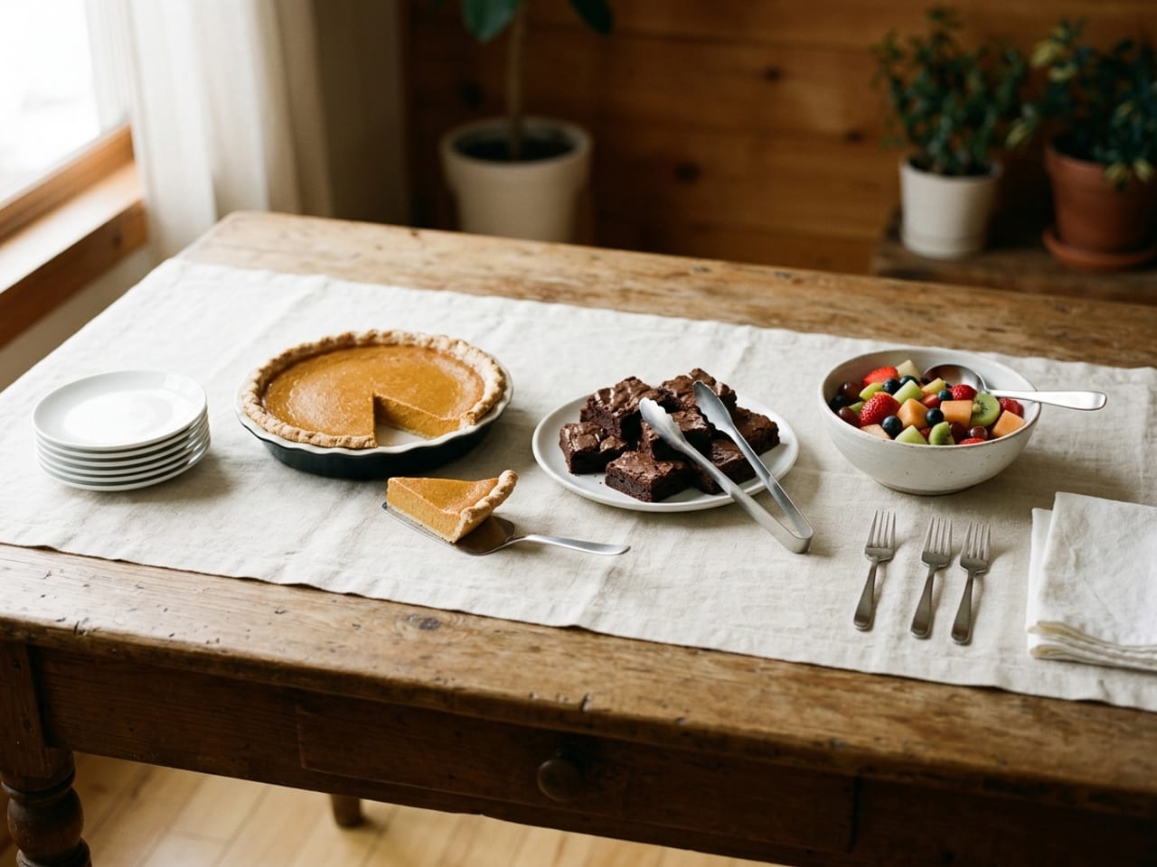 A dessert table set as its own small buffet, a wooden table with a linen runner, left to right: a short stack of small white plates, a pumpkin pie with one slice lifted out on a pie server, a plate of brownies with tongs, a bowl of cut fruit with a spoon, dessert forks and folded cloth napkins