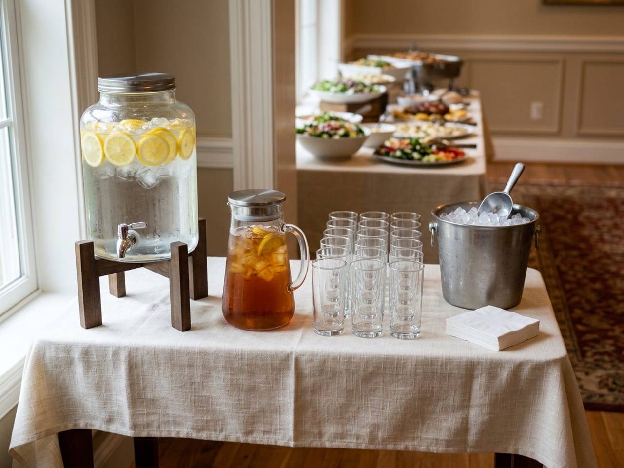A drinks station on a small cloth-covered table by a window: a glass dispenser of water with lemon slices on a wooden stand, a pitcher of iced tea, rows of tumblers, a metal ice bucket with a scoop and a stack of white paper napkins, with the food table visible across the room