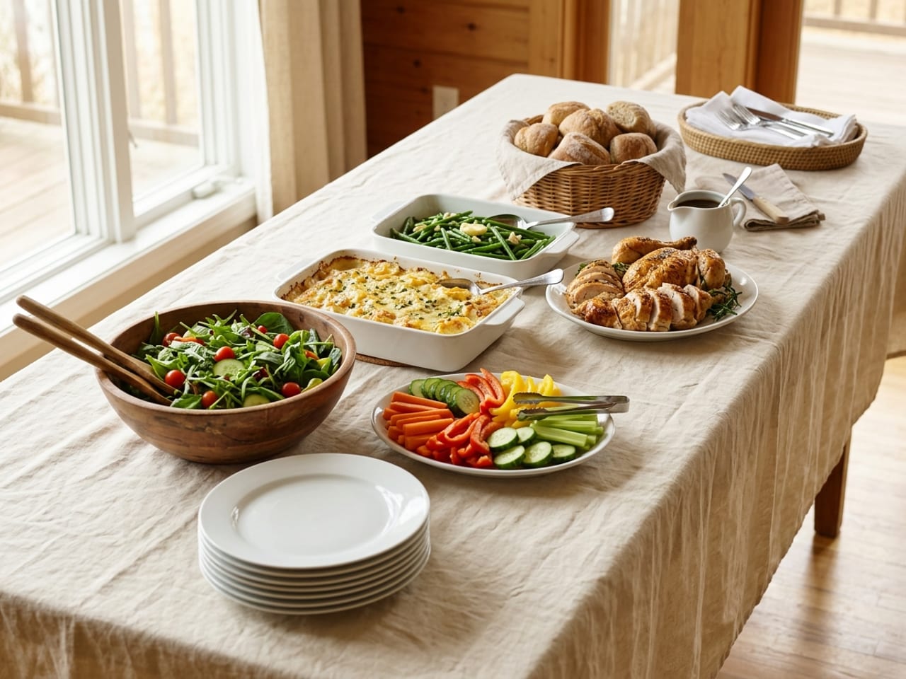 A home buffet on a long table covered with a cream cloth, seen from the plate end, in line order: a stack of white dinner plates nearest the camera, then a wooden bowl of green salad and a platter of raw cut vegetables, a white oven dish of potato gratin and a white dish of green beans, a platter of sliced roast chicken with a small white jug of gravy beside it, a basket of bread rolls, and at the far end a shallow basket of folded white napkins with forks and knives lying on them
