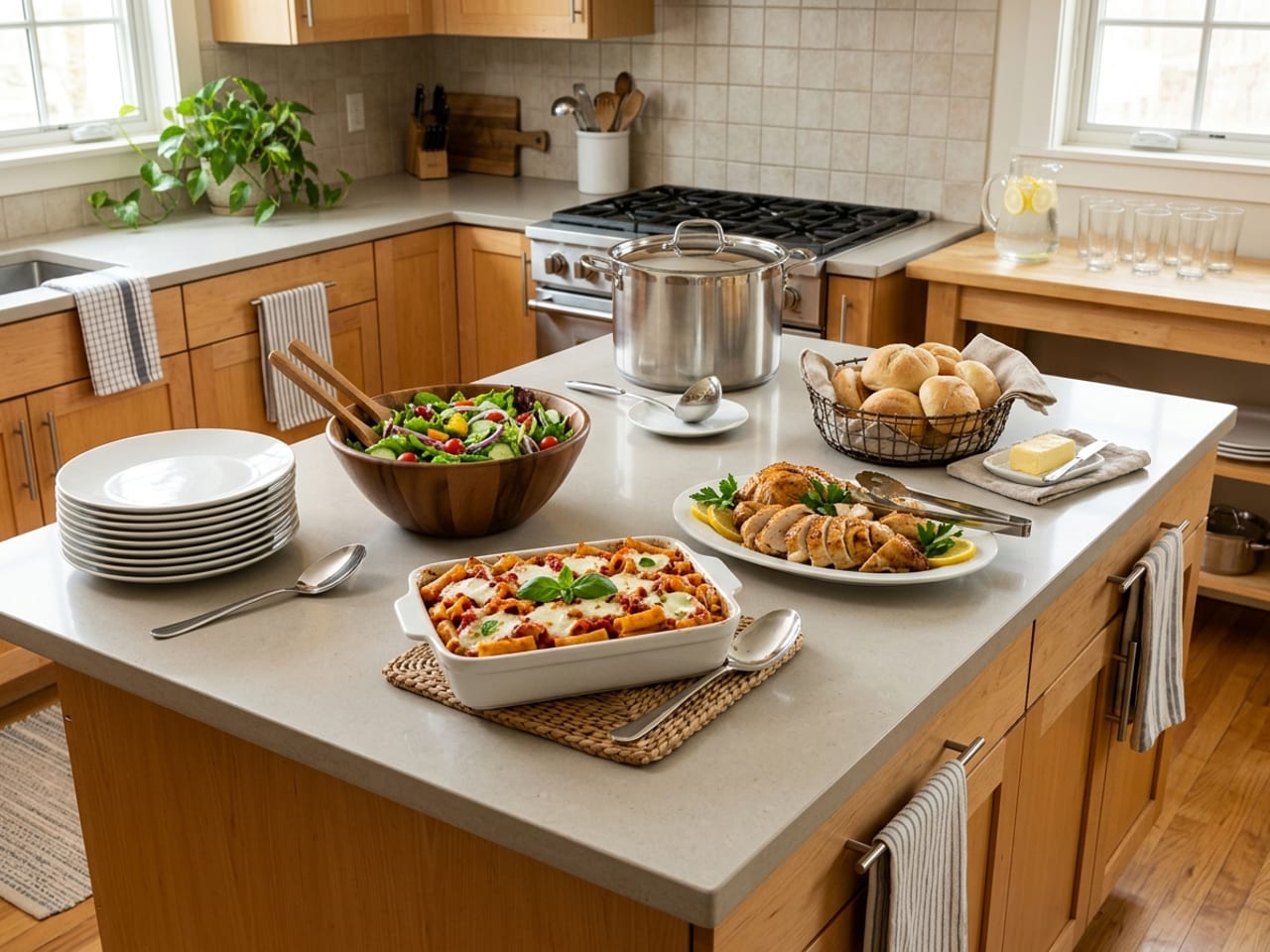 A kitchen island with a pale stone top used as a buffet: a stack of plates at one corner, a wooden salad bowl, baked pasta in a white dish on a woven mat, a platter of sliced roast chicken with tongs, a wire basket of rolls with a butter dish, and a covered stainless pot standing on the island with a ladle on a saucer; on a separate counter behind, a jug of water with lemon and a row of tumblers beside a stove that is empty and off
