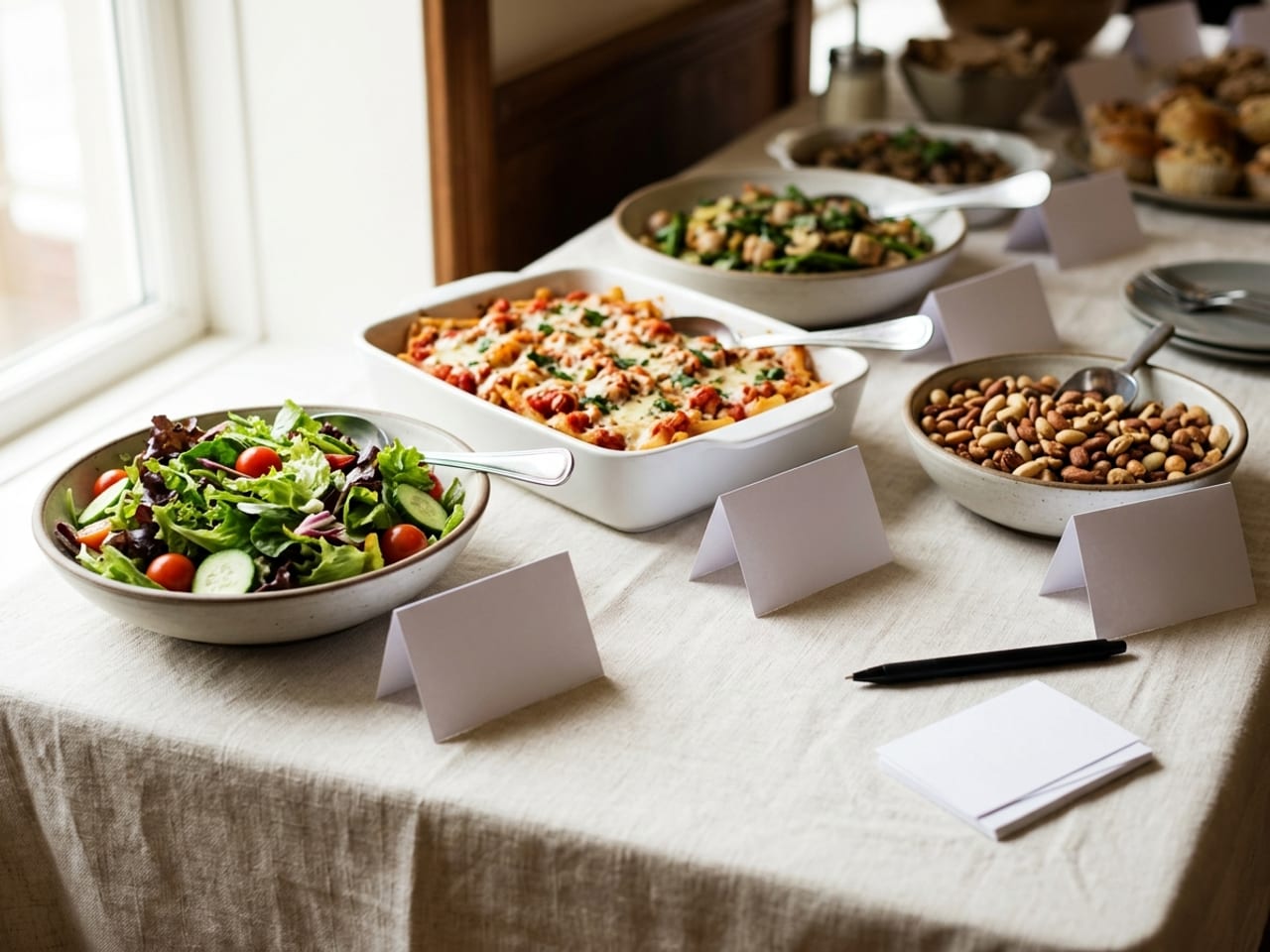 Dishes in a row on a buffet table (a green salad, a baked pasta and a bowl of mixed nuts, with more dishes behind), a blank white tent card standing in front of each, and a black pen and a small pad of blank cards at the front of the table