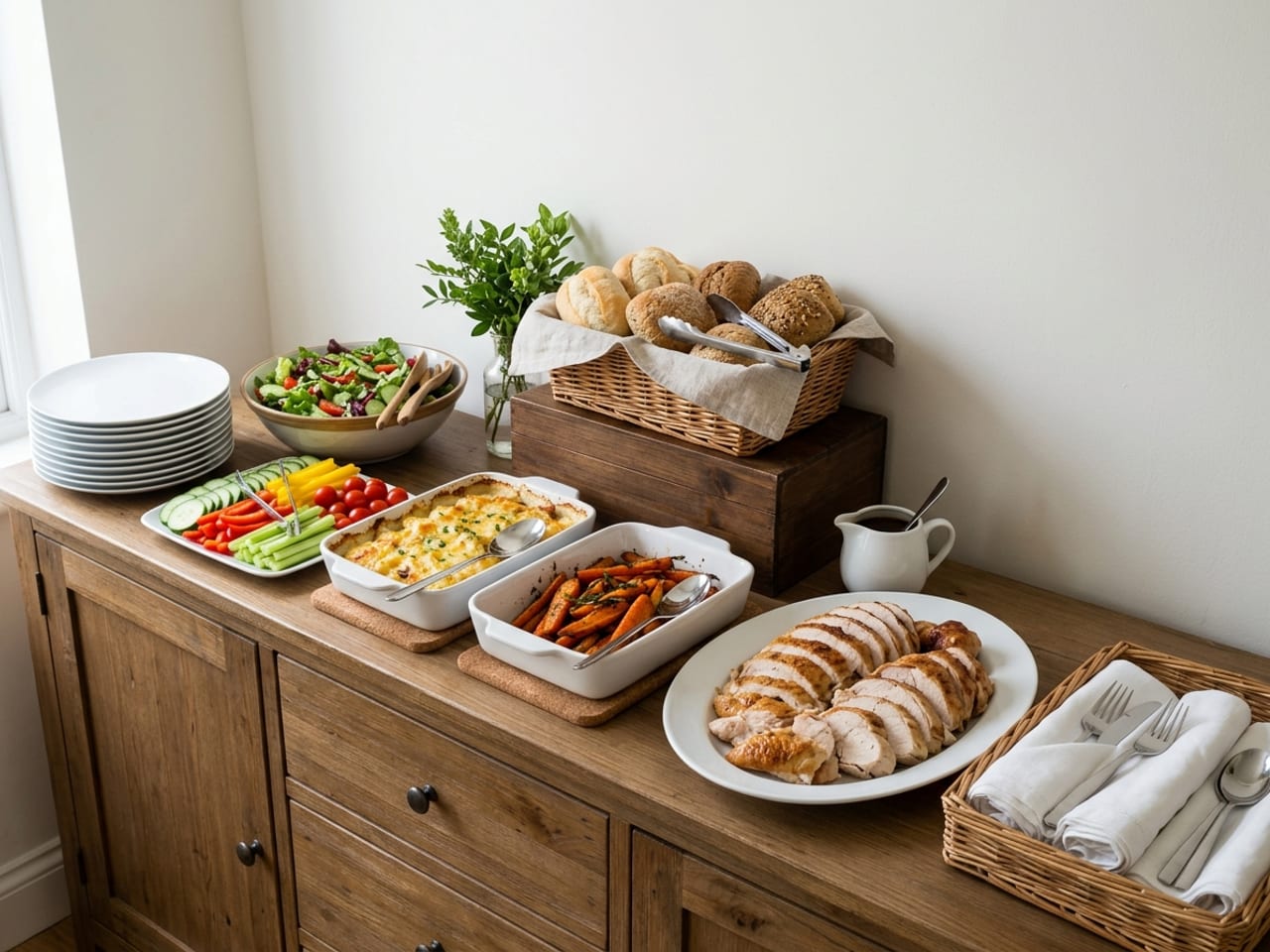 A buffet on a wooden sideboard against a pale wall, seen from the front and a little above, left to right: a stack of plates, a bowl of green salad and a platter of raw cut vegetables, potato gratin and roasted carrots in white dishes on cork mats at the front, a platter of sliced roast turkey breast with a white gravy jug behind it, a basket of rolls with tongs raised on a wooden box at the back beside a small vase of greenery, and a wicker basket of cutlery wrapped in white napkins at the right end