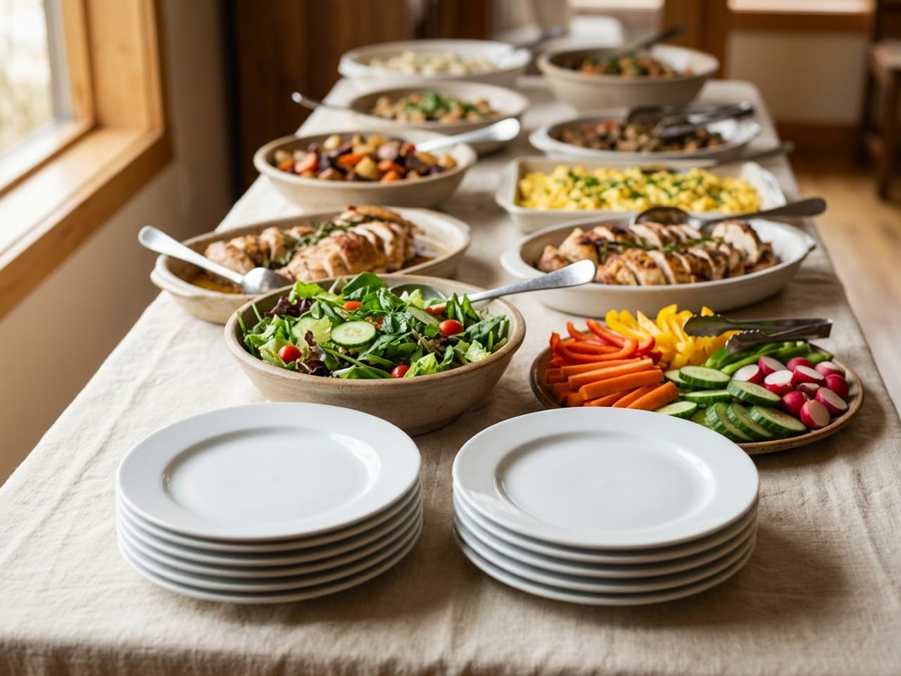 The start of a home buffet table: stacks of plain white dinner plates in front with nothing else to pick up beside them, and behind them, in focus, a salad bowl, a platter of raw cut vegetables, platters of sliced roast chicken and more dishes down the table