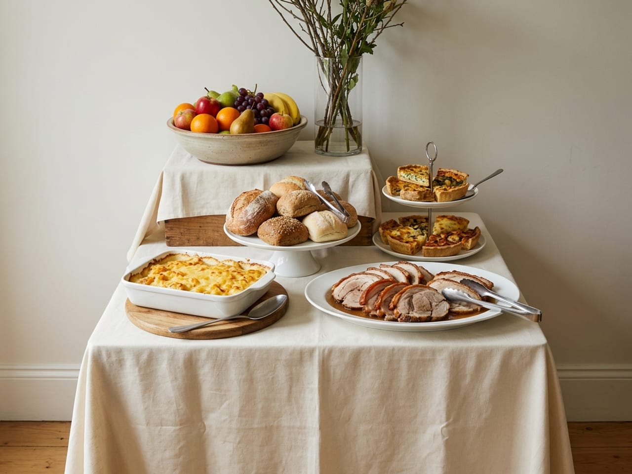 A buffet table against a wall, its cloth to the floor, with three heights: at the front, flat on the table, a dish of potato gratin on a board and a platter of sliced roast pork; in the middle, a white cake stand of bread rolls and a tiered stand of quiche slices; at the back, a box under the cloth lifting a bowl of whole fruit, with a tall glass vase of branches behind