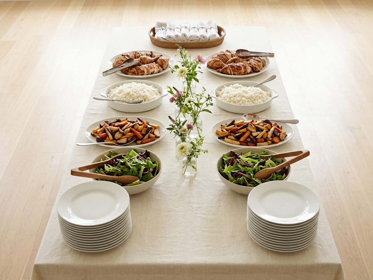 A long table in the middle of a bright, empty room laid as a two-sided buffet, seen from the plate end: a stack of plates at each near corner, then the same dishes facing each other down both long sides (bowls of green salad, platters of roasted vegetables, dishes of white rice, platters of sliced roast chicken), small vases of flowers down the center, and one basket of cutlery rolled in napkins at the far end