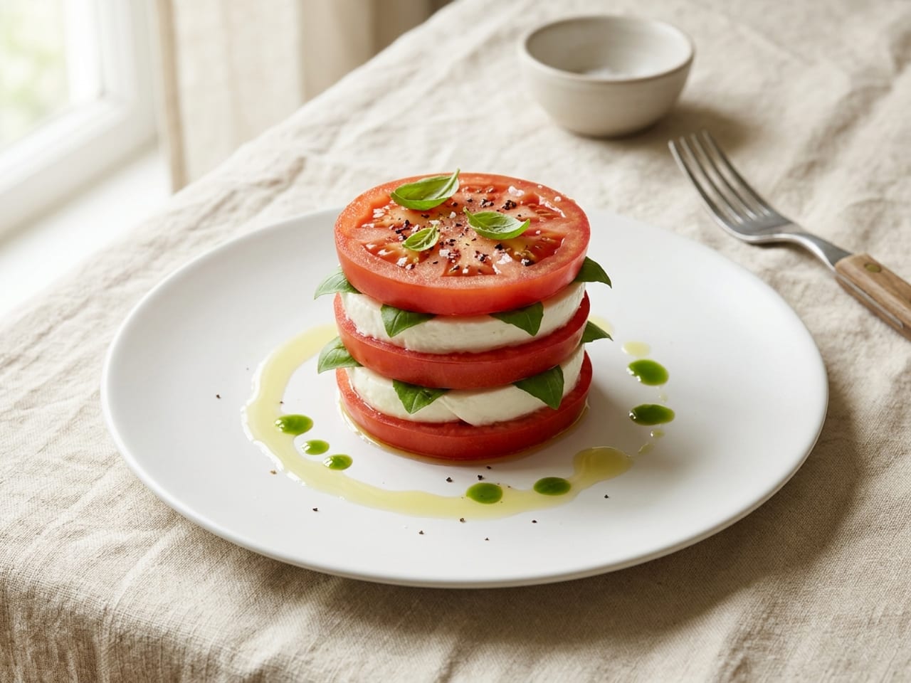 A caprese tower on a plain white plate: alternating thick slices of red tomato and white fresh mozzarella of the same width stacked several layers high, basil leaves between the layers, basil and cracked pepper on top, and a thin pool of olive oil and a few drops of green basil oil on the plate around the base