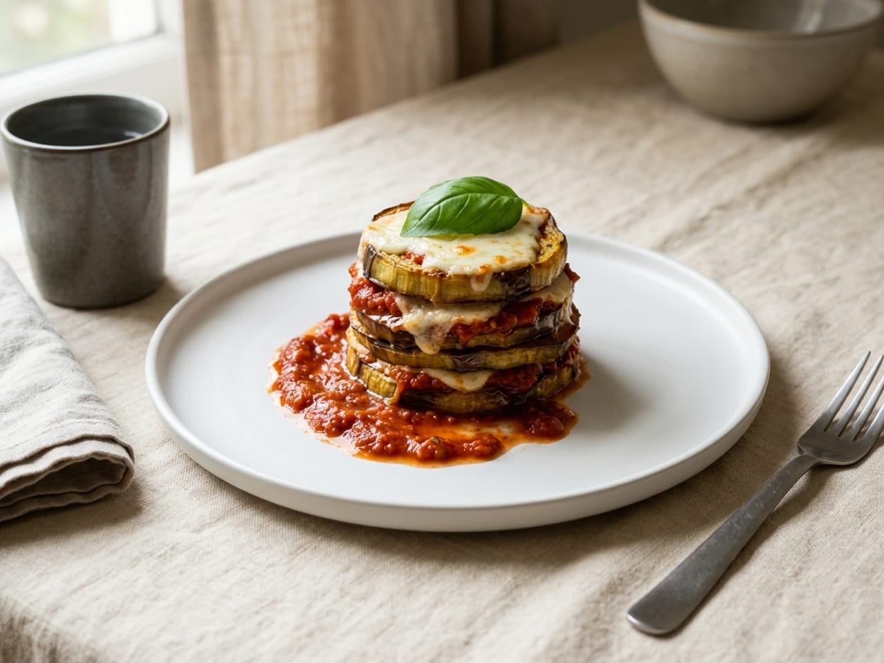 A baked eggplant stack on a plain white plate: rounds of golden roasted eggplant layered with red tomato sauce and melted mozzarella a few layers high, a basil leaf on top, and tomato sauce spooned on the plate under and around the base, a grey cup and a folded napkin beside the plate