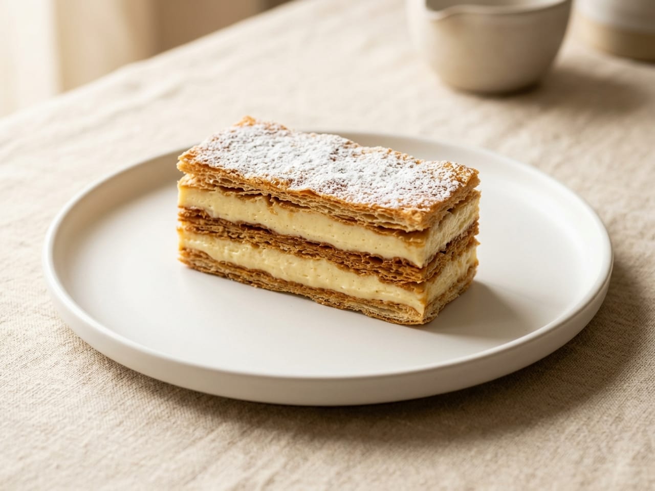 One rectangular slice of mille-feuille on a white coupe plate, seen low from the side: three layers of golden, flaky puff pastry with two layers of pale cream between them, the top dusted with powdered sugar