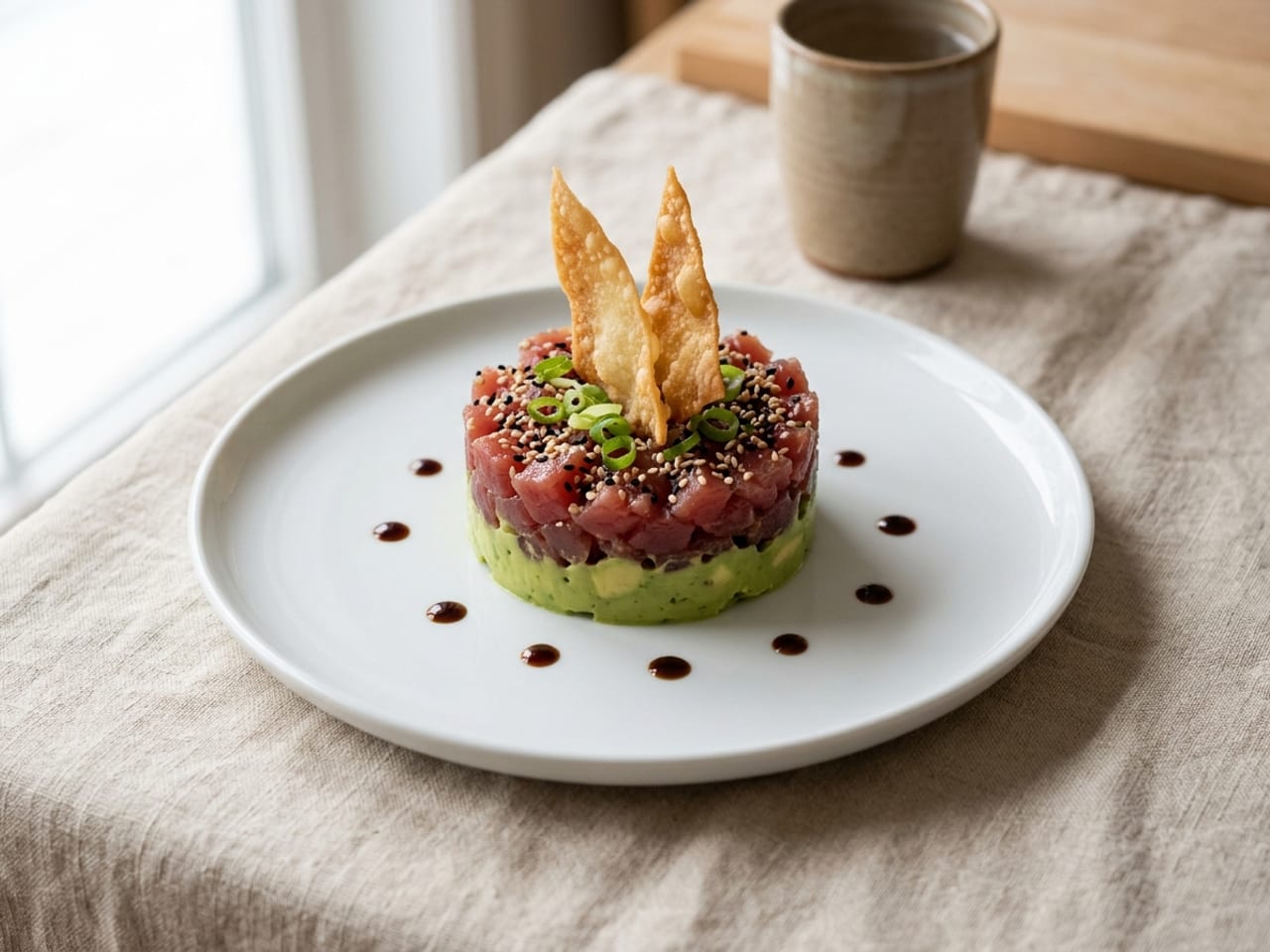 A tuna tartare stack on a plain white plate: a pale green round of mashed avocado at the bottom, a layer of diced deep-red raw tuna on top with sesame seeds and thin slices of spring onion, two thin golden wonton crisps standing up in a V in the top, and dots of dark soy dressing on the plate around the base