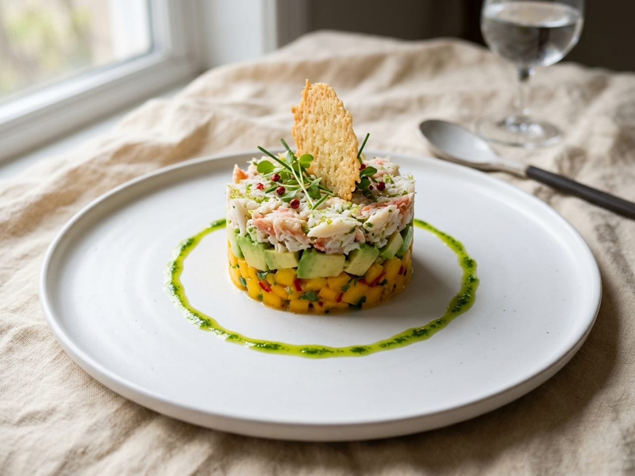 A modest, straight-sided round stack on a white rimless plate, seen from a low angle: diced mango at the bottom, a band of diced avocado, then crab meat with tiny herb leaves on top and one tall, lacy golden crisp standing in it, and a thin ring of green herb oil on the plate around the base, not touching it