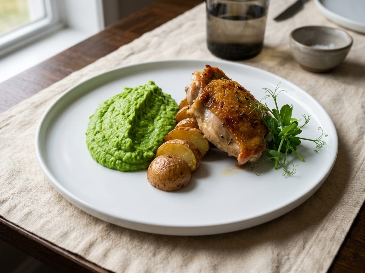 A white plate on a linen runner: a mound of smooth green pea purée on the left, a short row of halved roasted baby potatoes beside it, and a seared chicken thigh with crisp golden skin propped up at an angle against the potatoes, pea shoots to its right
