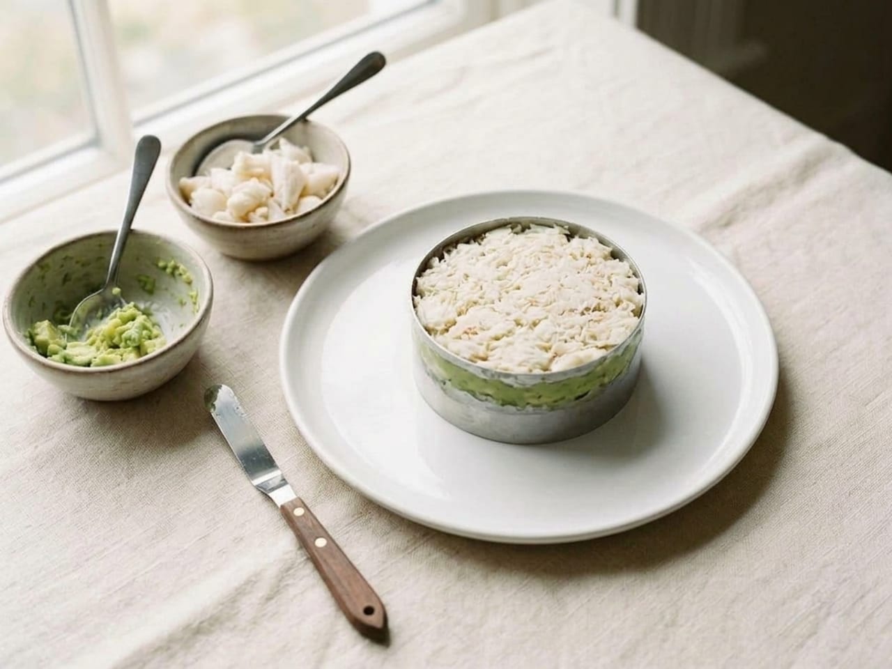 The same ring mold on the same white plate, now filled to the rim: the avocado layer at the bottom and crab meat pressed level with the top, a small wooden-handled offset spatula lying on the linen beside the plate