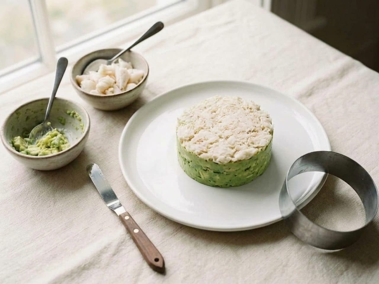 The same plate after the ring has been lifted: a neat, straight-sided cylinder of green avocado with crab on top standing in the center, the stainless ring lying on its side on the linen beside the plate and the offset spatula still beside it