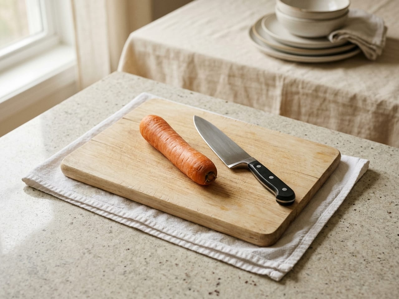 An empty pale wooden cutting board sitting on a folded damp white kitchen towel on a countertop, the towel's edge visible under the board, a whole carrot and a plain chef's knife on the board