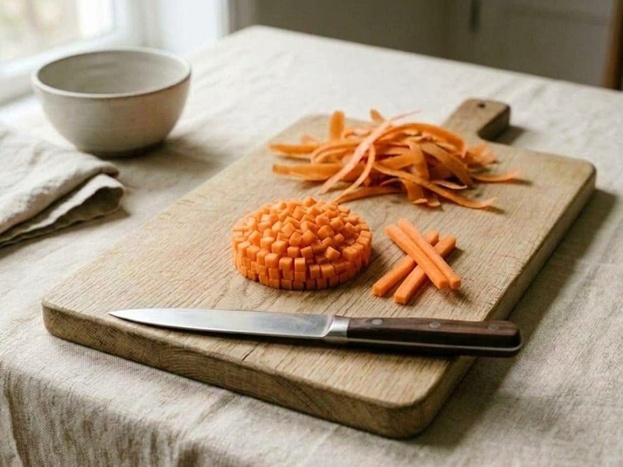 A small neat mound of tiny even orange carrot cubes about 3 mm across on the wooden board, a few uncut carrot matchsticks lying beside it