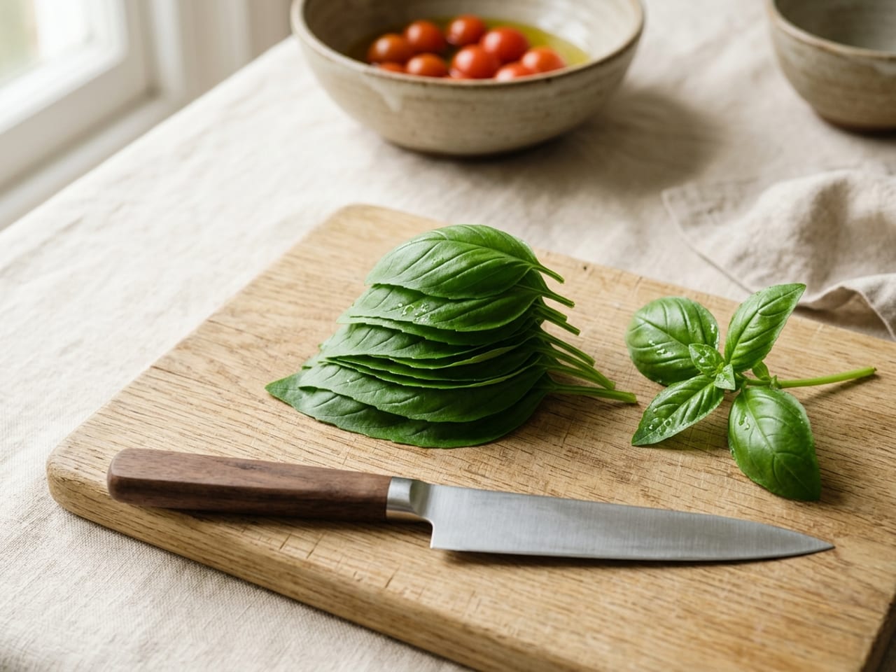 A neat stack of about ten fresh green basil leaves on a wooden board, the largest leaf at the bottom, with a basil sprig and a plain chef's knife beside it